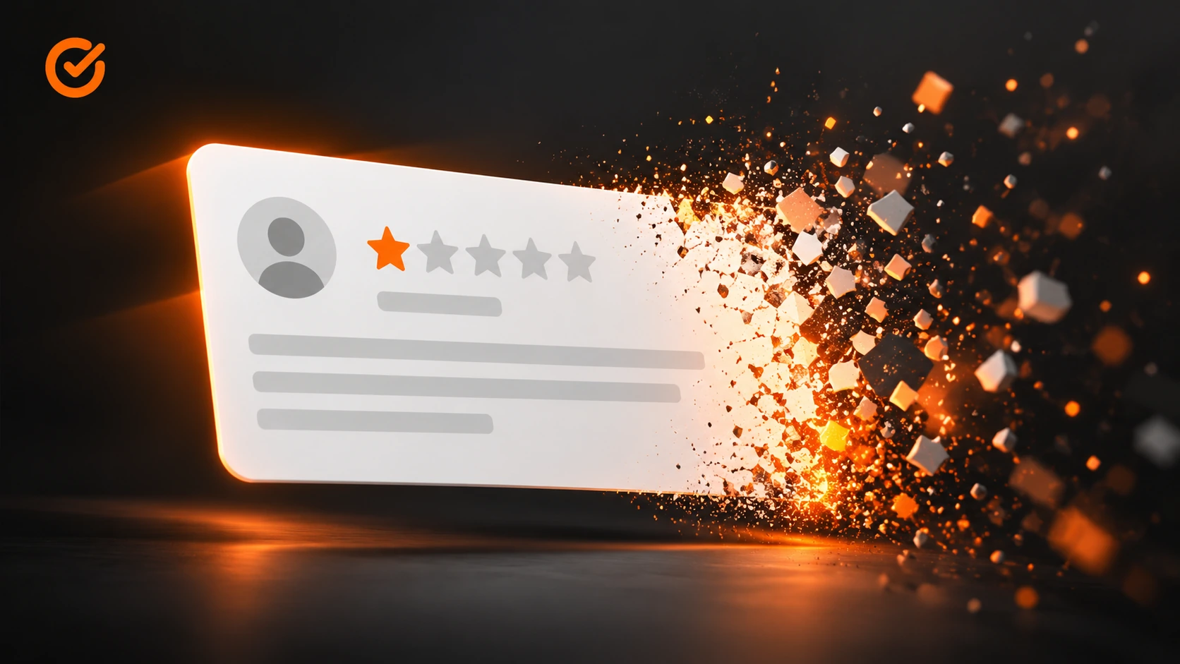 A 1-star Google review card dissolving into orange particles, representing negative Google review removal by RepRecover