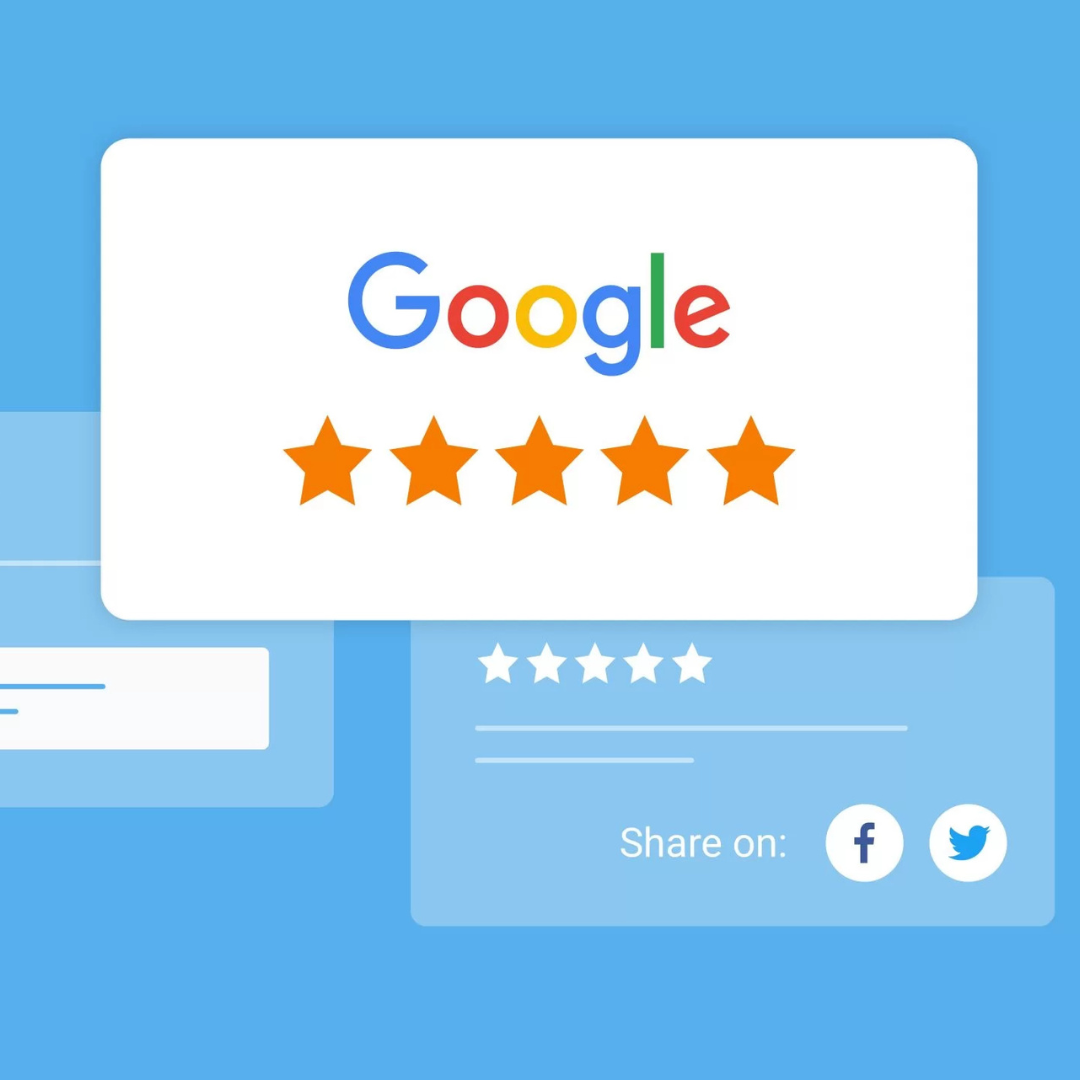 Google review interface showing 5-star rating system and social sharing options for online review management and reputation building